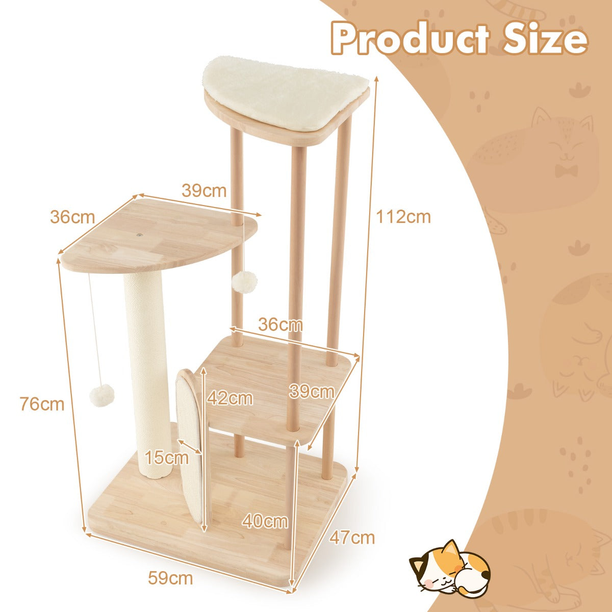 LIVSK Kattenboom met Meerdere Verdiepingen - Krabplank - Speelgoed - Duurzaam Hout - Voor Meerdere Katten - Beige