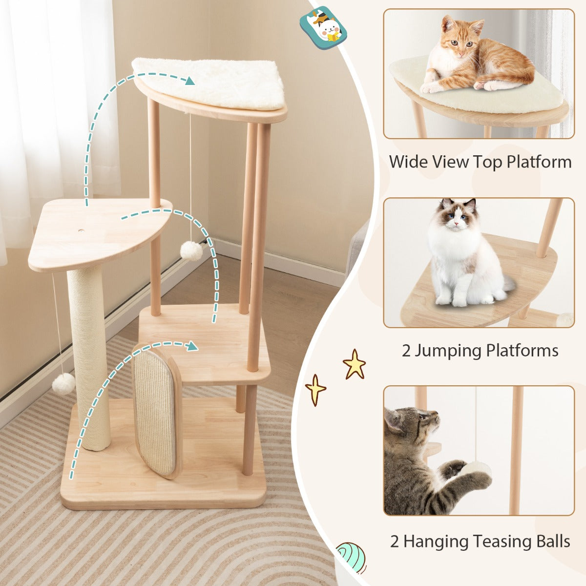 LIVSK Kattenboom met Meerdere Verdiepingen - Krabplank - Speelgoed - Duurzaam Hout - Voor Meerdere Katten - Beige