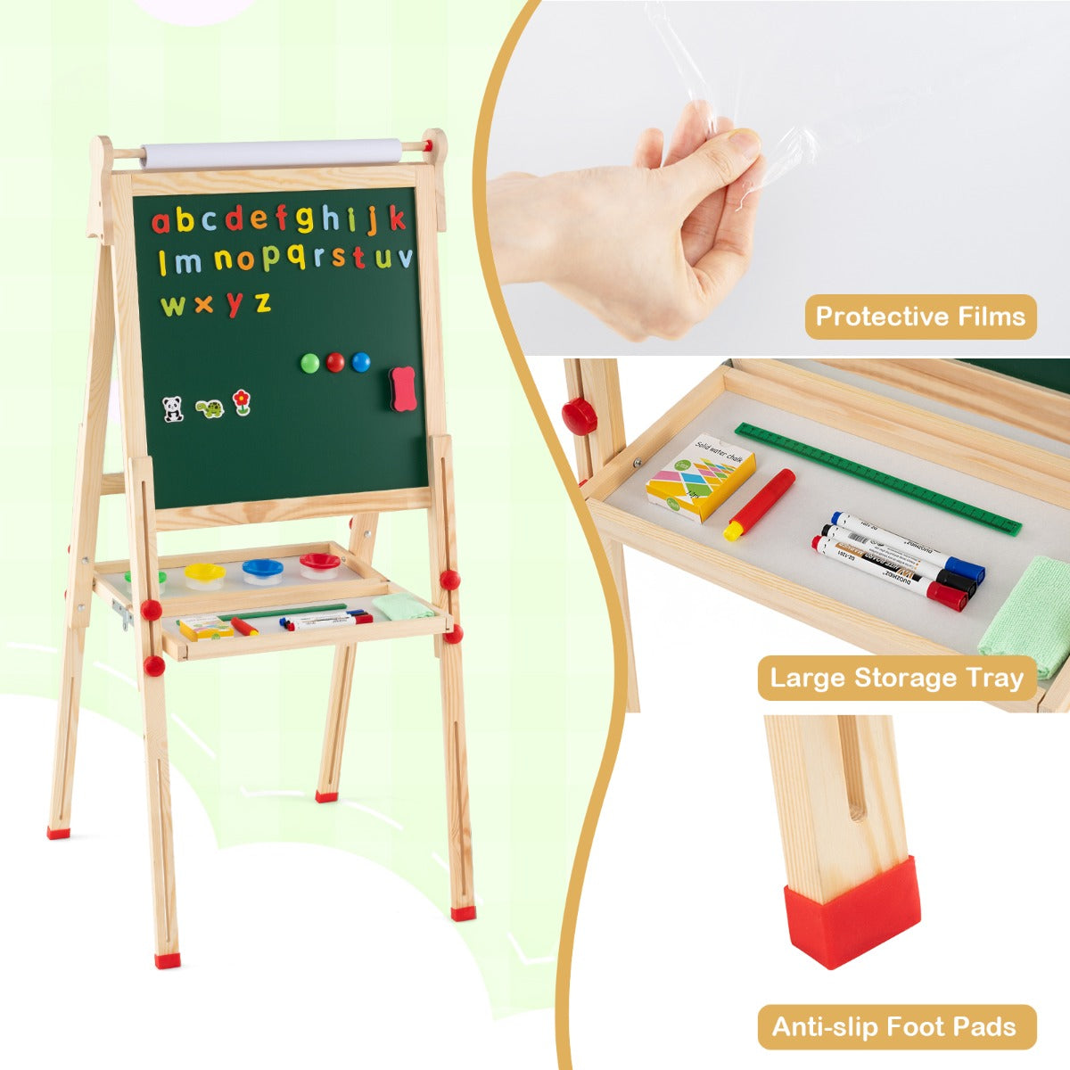 Livsk costway houten kunstschildersezel voor kinderen 3 in 1 opvouwbare dubbelzijdige magnetische schildersezel met whiteboard schoolbord en papierrol 4