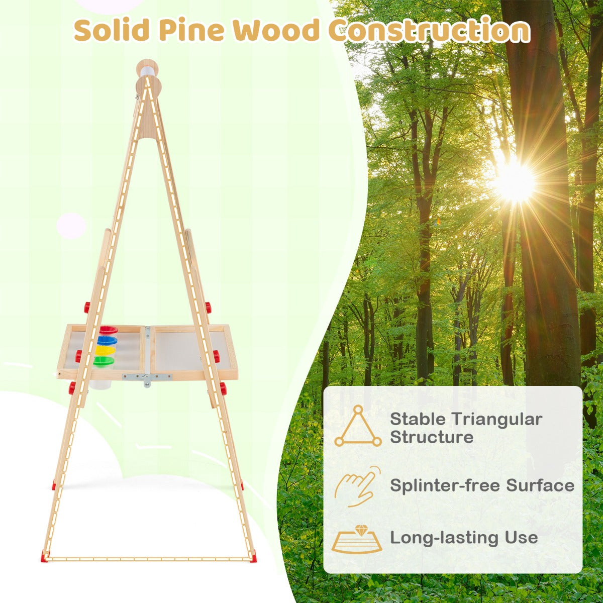 Livsk costway houten kunstschildersezel voor kinderen 3 in 1 opvouwbare dubbelzijdige magnetische schildersezel met whiteboard schoolbord en papierrol 6