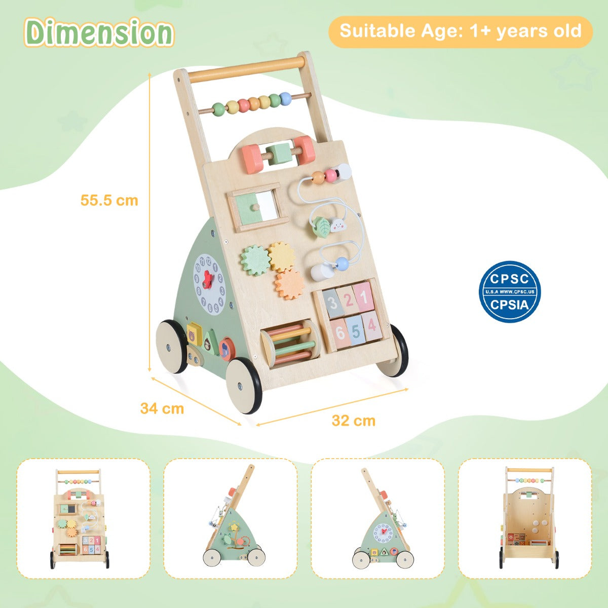 Livsk costway houten loopwagen voor babys kinderwagen met wielen en opbergmand montessori loopspelgoed en activiteitencentrum 1