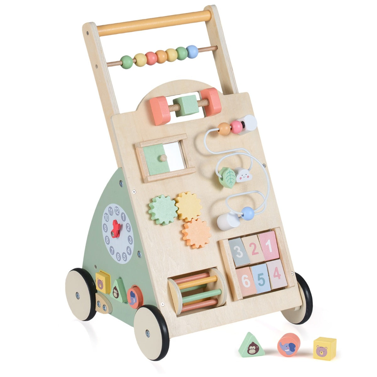 Livsk costway houten loopwagen voor babys kinderwagen met wielen en opbergmand montessori loopspelgoed en activiteitencentrum