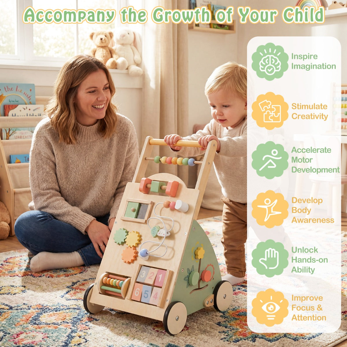 Livsk costway houten loopwagen voor babys kinderwagen met wielen en opbergmand montessori loopspelgoed en activiteitencentrum