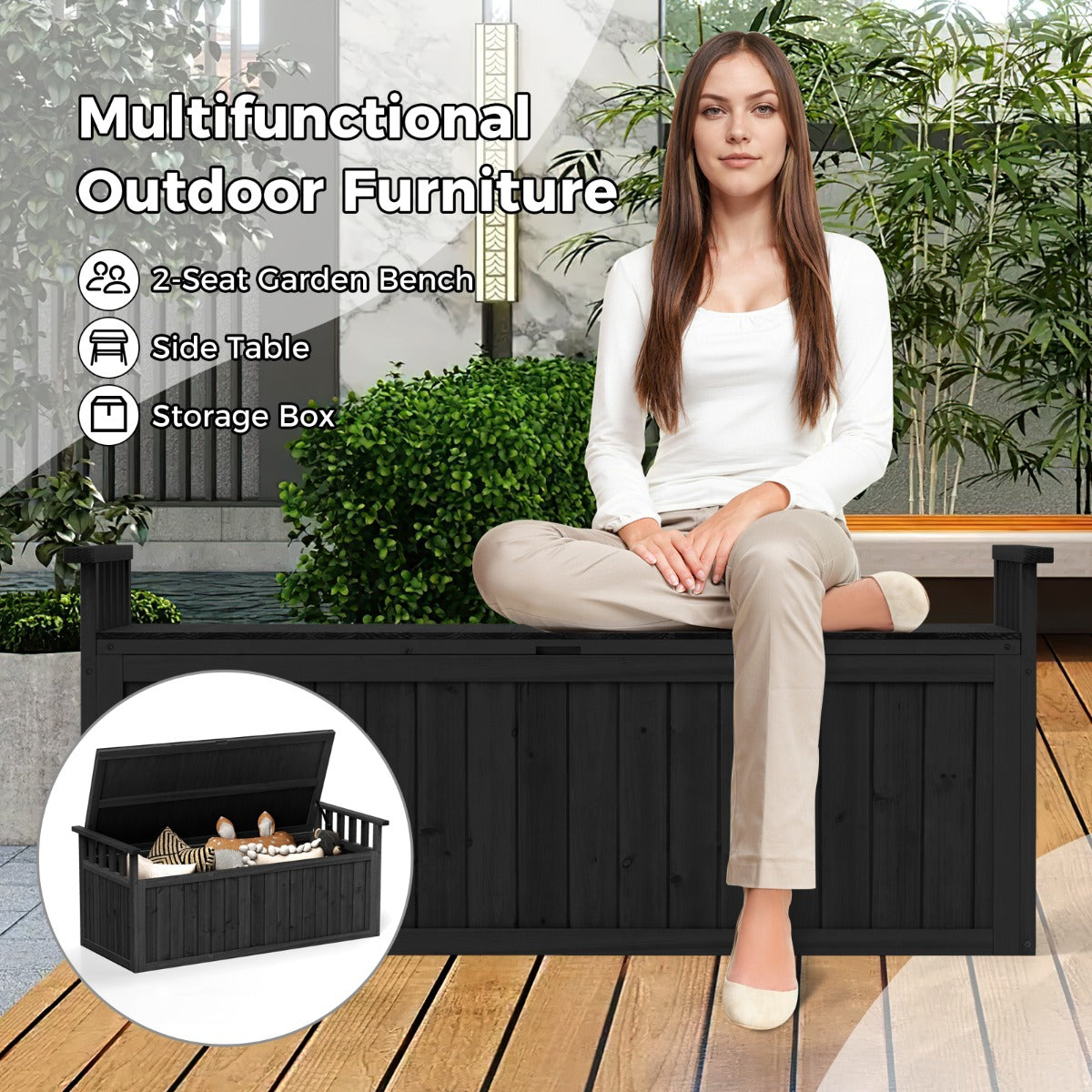 LIVSK 2-in-1 Tuinbank en Opbergbox - Comfortabele Zitplaats voor 2 - 209L Opbergruimte - Natuurlijk Sparrenhout - Zwart