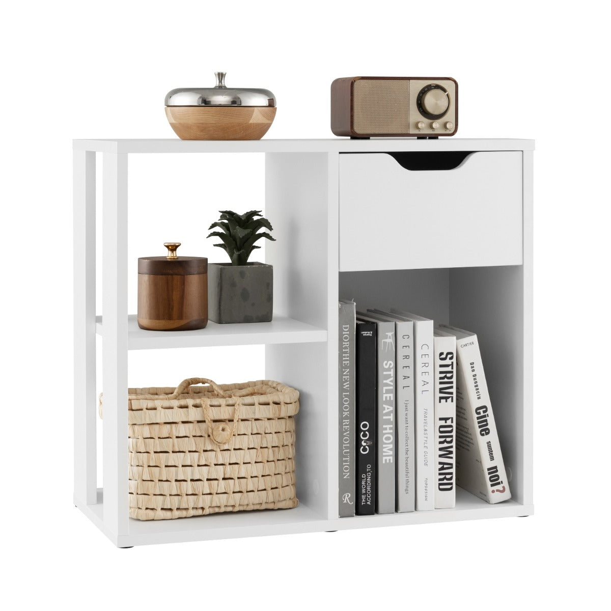 LIVSK Opbergkast - 3 Open Schappen en Uittrekbare Lade - Tot 95 kg Draagvermogen - Elegant Design - Wit