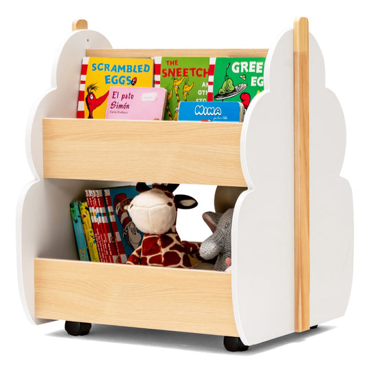 LIVSK Kinderboekenkast met Wielen - Duurzaam MDF - 3 Open Planken - Stimuleert Lezen - 52 x 46 x 62,5 cm - Natuurlijk + Wit