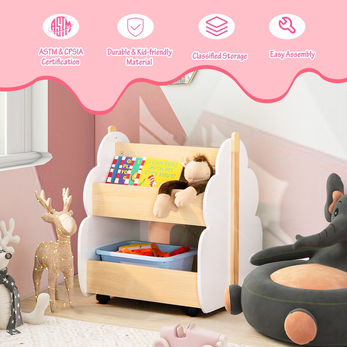 LIVSK Kinderboekenkast met Wielen - Duurzaam MDF - 3 Open Planken - Stimuleert Lezen - 52 x 46 x 62,5 cm - Natuurlijk + Wit