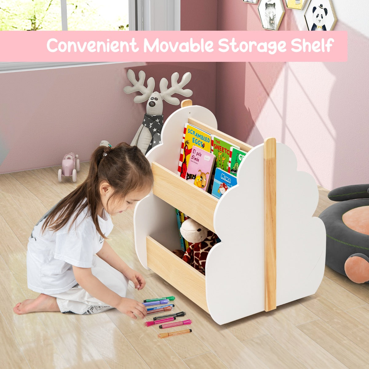LIVSK Kinderboekenkast met Wielen - Duurzaam MDF - 3 Open Planken - Stimuleert Lezen - 52 x 46 x 62,5 cm - Natuurlijk + Wit