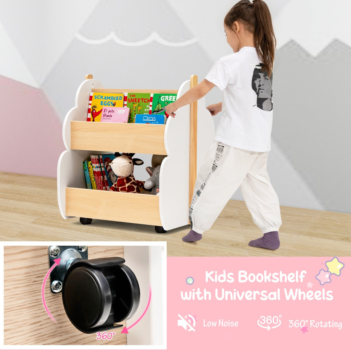 LIVSK Kinderboekenkast met Wielen - Duurzaam MDF - 3 Open Planken - Stimuleert Lezen - 52 x 46 x 62,5 cm - Natuurlijk + Wit