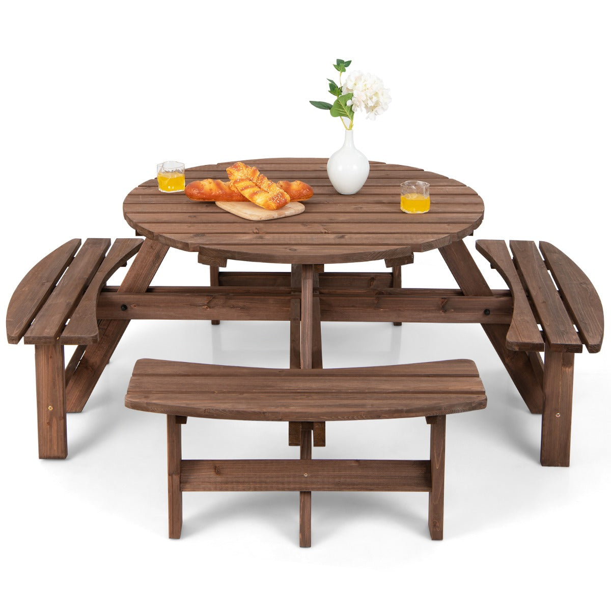 LIVSK Weerbestendige 8-Persoons Picknicktafel Set - Duurzaam Dennenhout - Ergonomische Zittingen - Parasolgat - Bruin