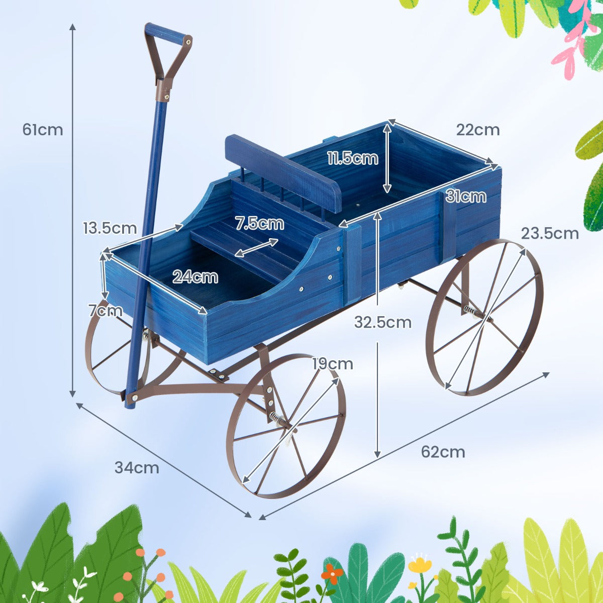 Livsk costway houten plantenbak decoratieve bloembak met wielen en 2 secties buitenplantenbak voor tuin en terras blauw 1 1