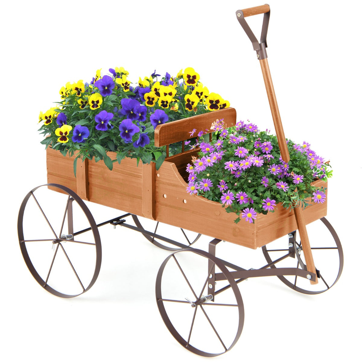 LIVSK Plantenwagen van Dennenhout - 2 Plantsecties - Met Wielen en Handgreep - Decoratief voor Tuin en Balkon - Oranje