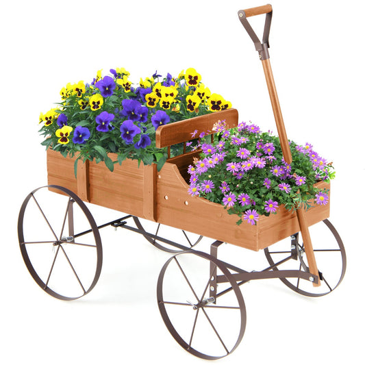 LIVSK Plantenwagen van Dennenhout - 2 Plantsecties - Met Wielen en Handgreep - Decoratief voor Tuin en Balkon - Oranje