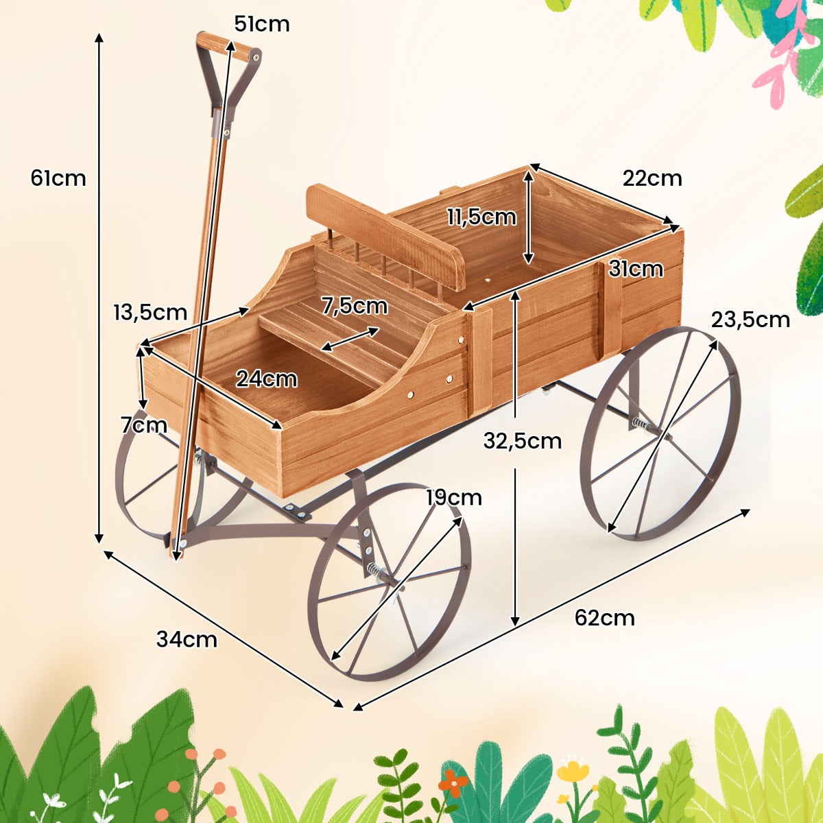 LIVSK Plantenwagen van Dennenhout - 2 Plantsecties - Met Wielen en Handgreep - Decoratief voor Tuin en Balkon - Oranje