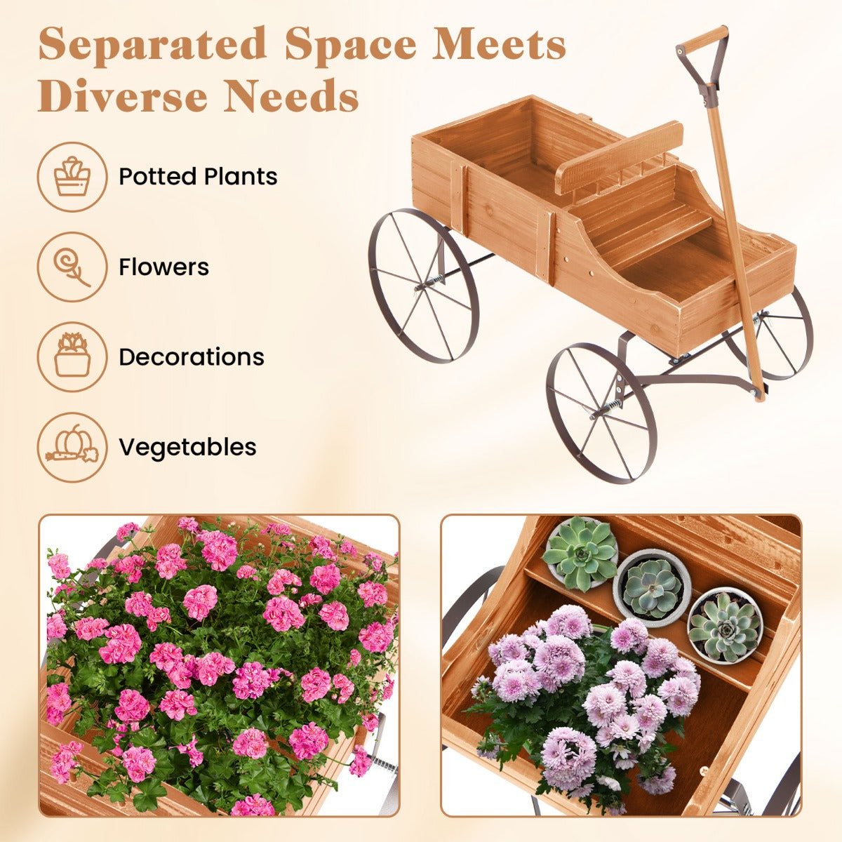 LIVSK Plantenwagen van Dennenhout - 2 Plantsecties - Met Wielen en Handgreep - Decoratief voor Tuin en Balkon - Oranje