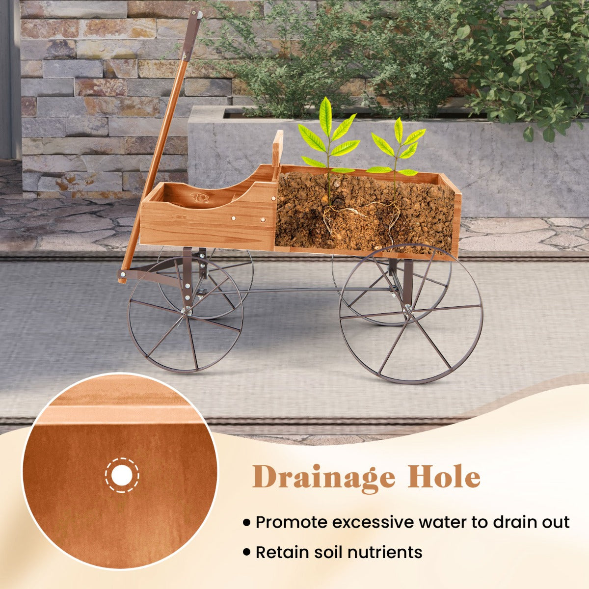 LIVSK Plantenwagen van Dennenhout - 2 Plantsecties - Met Wielen en Handgreep - Decoratief voor Tuin en Balkon - Oranje