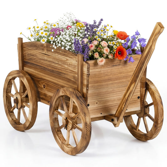 Livsk costway houten plantenbak rustieke bloemenwagen met wielen en handvat decoratieve bloemenstandaard