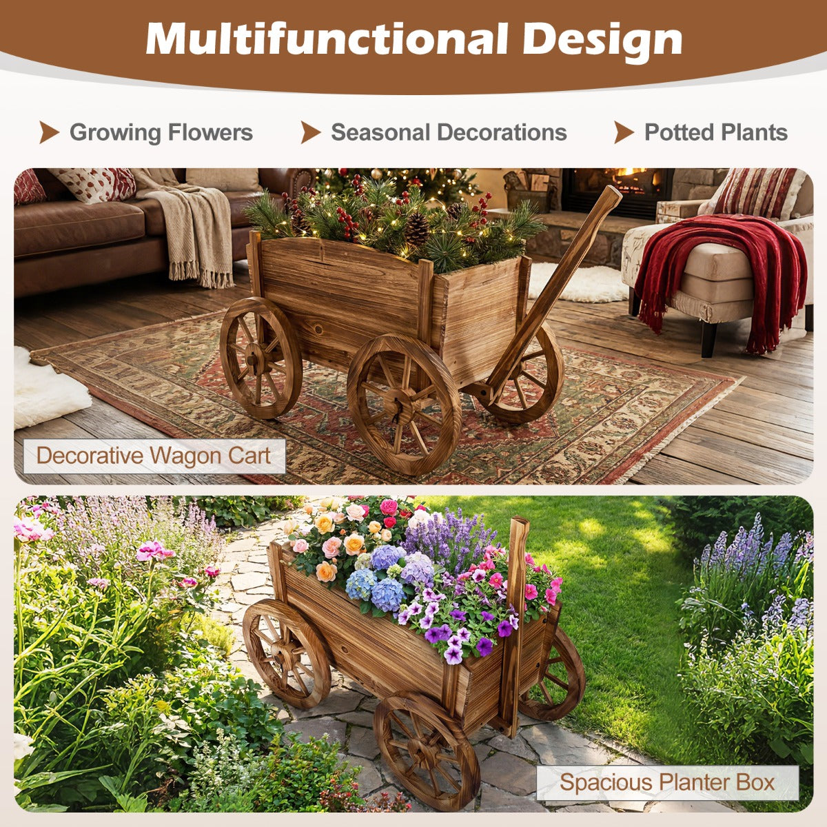 Livsk costway houten plantenbak rustieke bloemenwagen met wielen en handvat decoratieve bloemenstandaard