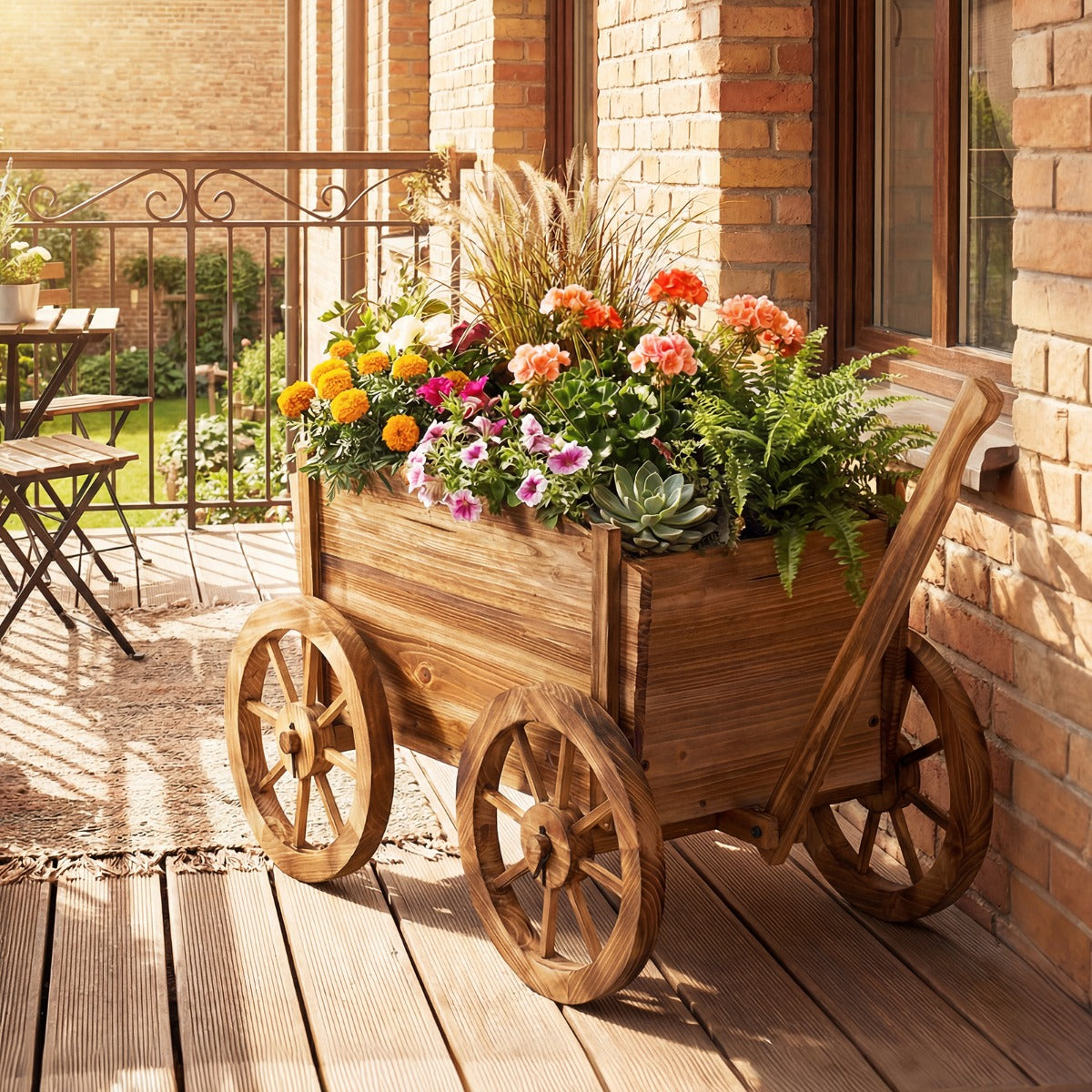 Livsk costway houten plantenbak rustieke bloemenwagen met wielen en handvat decoratieve bloemenstandaard