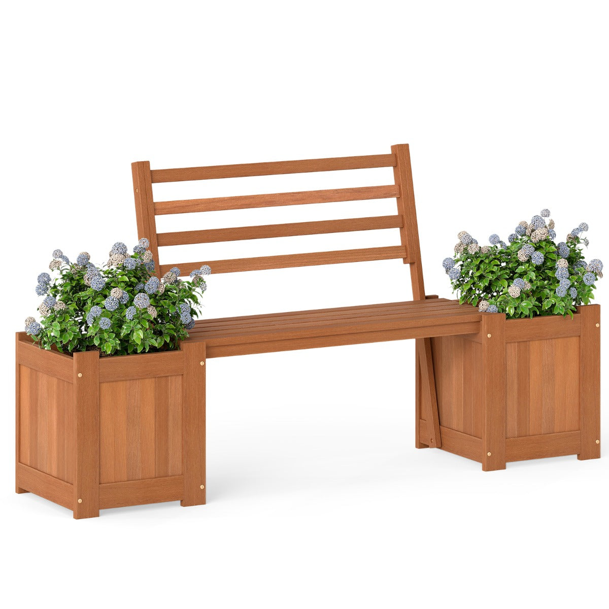 Livsk costway houten plantenbak voor buiten met bankje tuinstoel met 2 plantenbakken en rugleuning verhoogd met open bodem en afgewerkt met teakolie