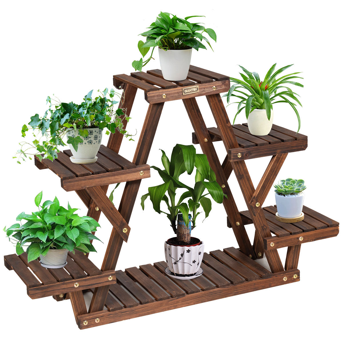 LIVSK Driehoekige Plantenstandaard - 6 Laags van Massief Dennenhout - Stabiel en Ruimtebesparend - 99 x 25 x 64 cm -