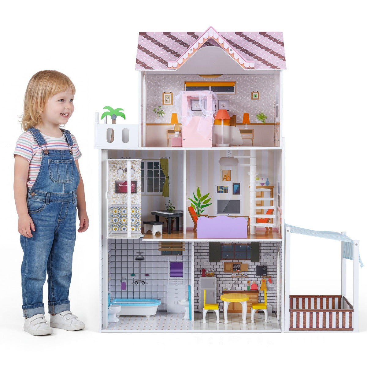 Livsk costway houten poppenhuis voor kinderen 3 verdiepingen tellend diy modern familiepoppenhuis voor rollenspel met 16 onderdelen