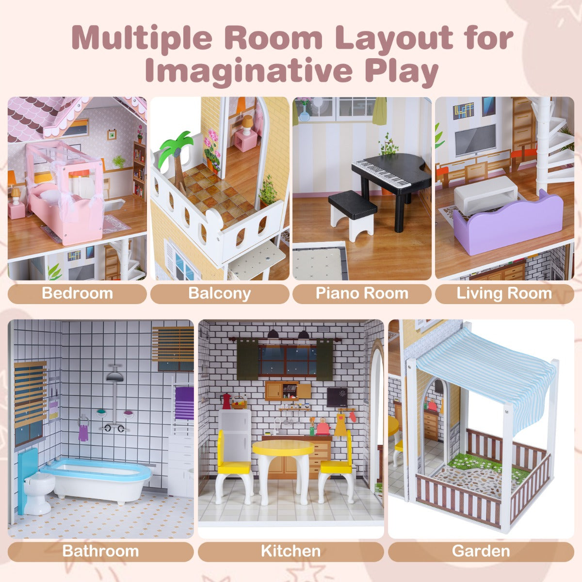 Livsk costway houten poppenhuis voor kinderen 3 verdiepingen tellend diy modern familiepoppenhuis voor rollenspel met 16 onderdelen 5