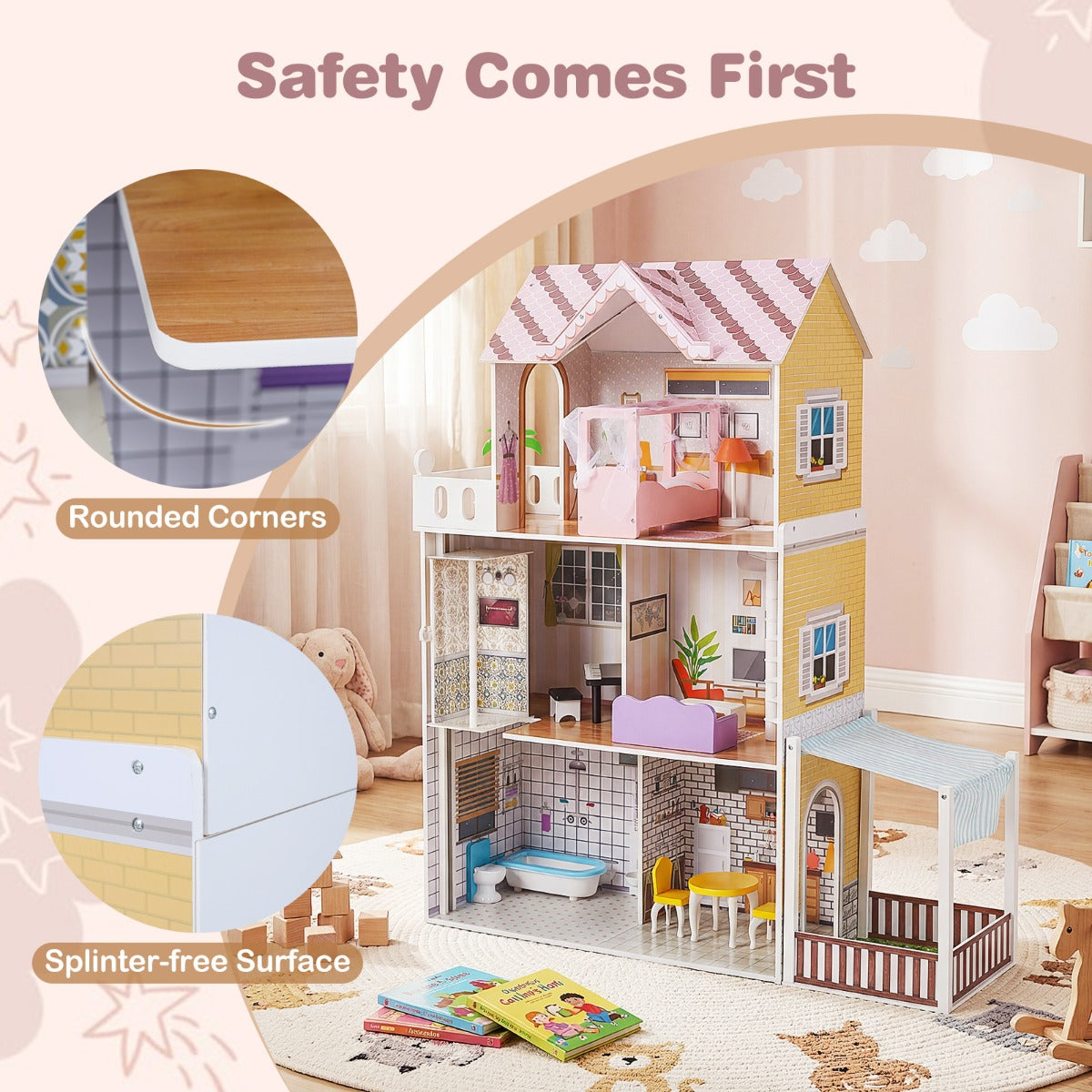 Livsk costway houten poppenhuis voor kinderen 3 verdiepingen tellend diy modern familiepoppenhuis voor rollenspel met 16 onderdelen 6
