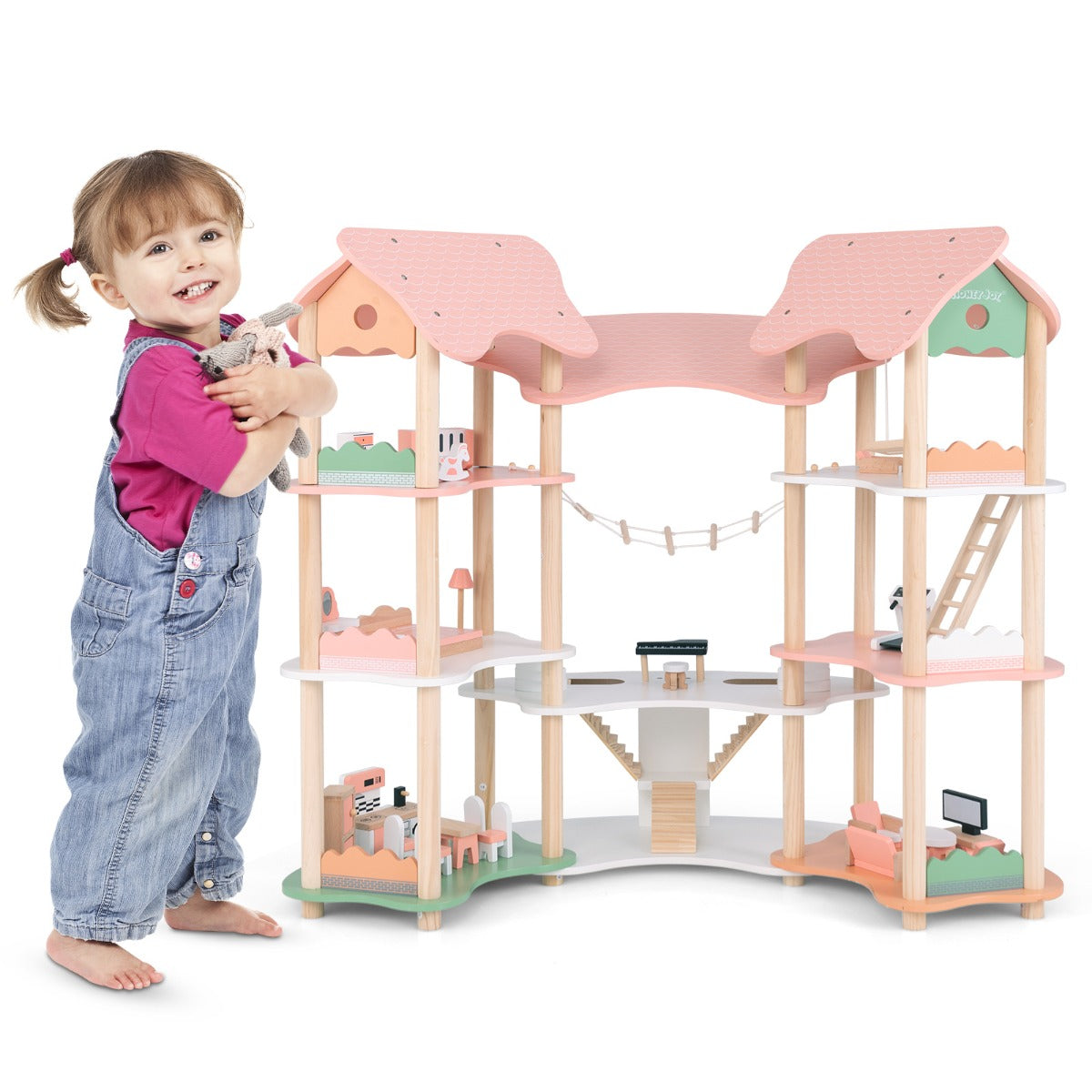 LIVSK Houten Poppenhuis - 7 Kamers, 32 Accessoires - Stevig en Veilig - Voor Kinderen van 3-8 Jaar - Roze + Groen + Natuurlijk