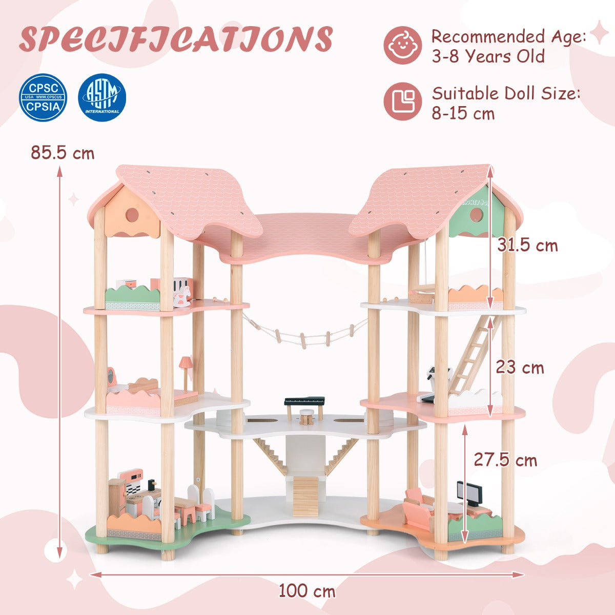 LIVSK Houten Poppenhuis - 7 Kamers, 32 Accessoires - Stevig en Veilig - Voor Kinderen van 3-8 Jaar - Roze + Groen + Natuurlijk