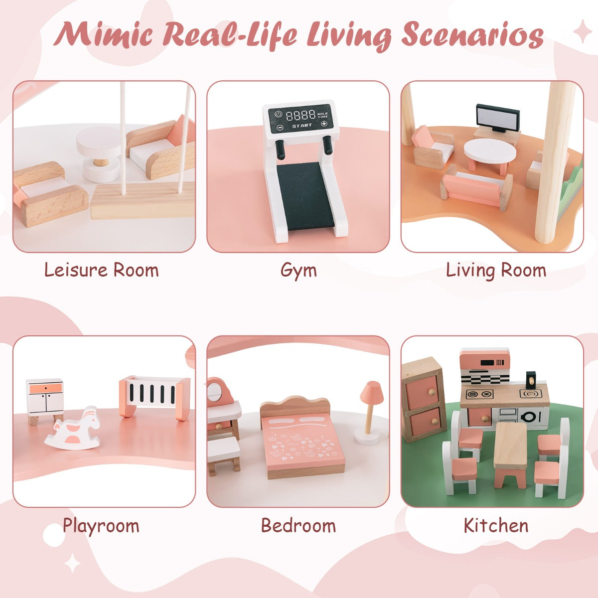 LIVSK Houten Poppenhuis - 7 Kamers, 32 Accessoires - Stevig en Veilig - Voor Kinderen van 3-8 Jaar - Roze + Groen + Natuurlijk