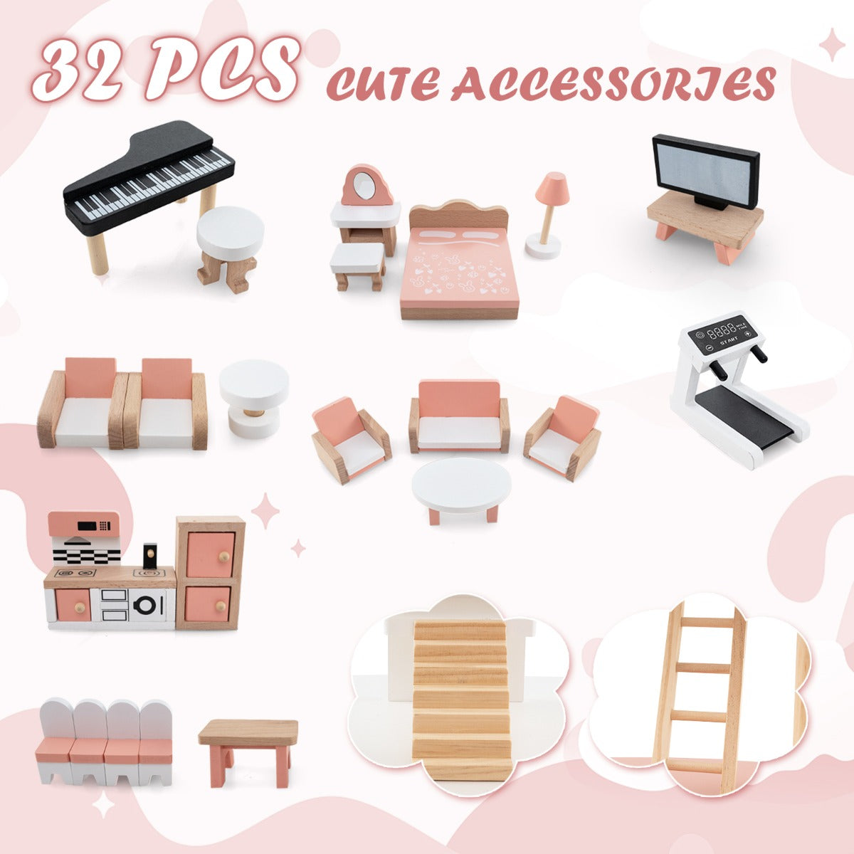 LIVSK Houten Poppenhuis - 7 Kamers, 32 Accessoires - Stevig en Veilig - Voor Kinderen van 3-8 Jaar - Roze + Groen + Natuurlijk