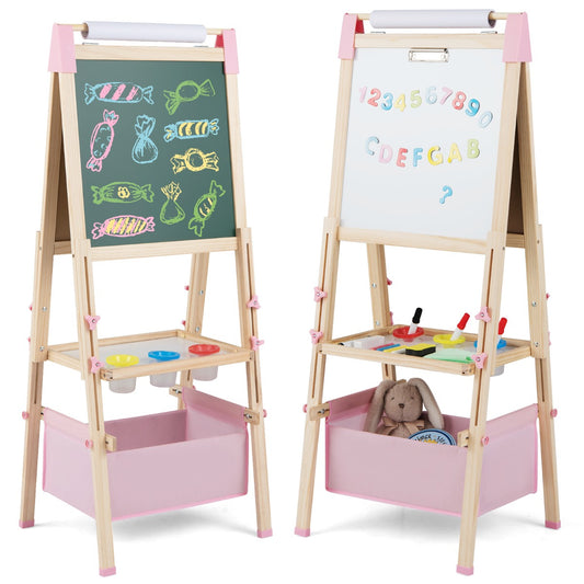 Livsk costway houten schildersezel voor kinderen met een dubbelzijdig magnetisch zwart wit schoolbord met letter en cijfermagneten