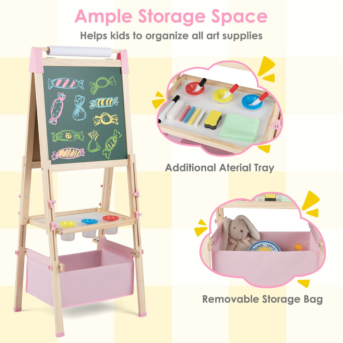 Livsk costway houten schildersezel voor kinderen met een dubbelzijdig magnetisch zwart wit schoolbord met letter en cijfermagneten