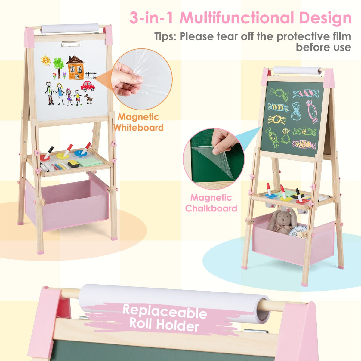 Livsk costway houten schildersezel voor kinderen met een dubbelzijdig magnetisch zwart wit schoolbord met letter en cijfermagneten