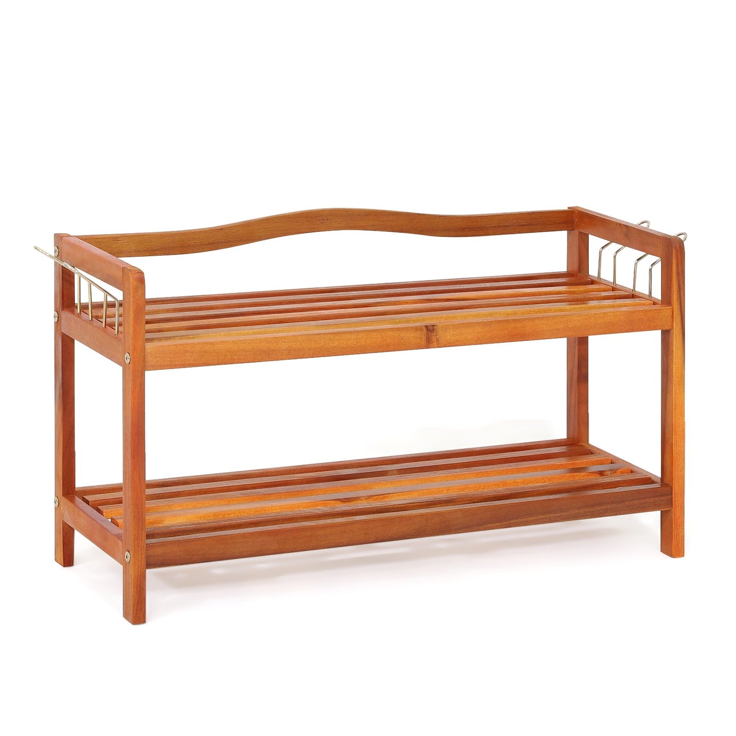 LIVSK Schoenenrek van Acaciahout - 2 Niveaus - Ruimte voor 8-12 Paar - Inclusief Zijhaken - 74 x 26 x 42 cm - Roodbruin
