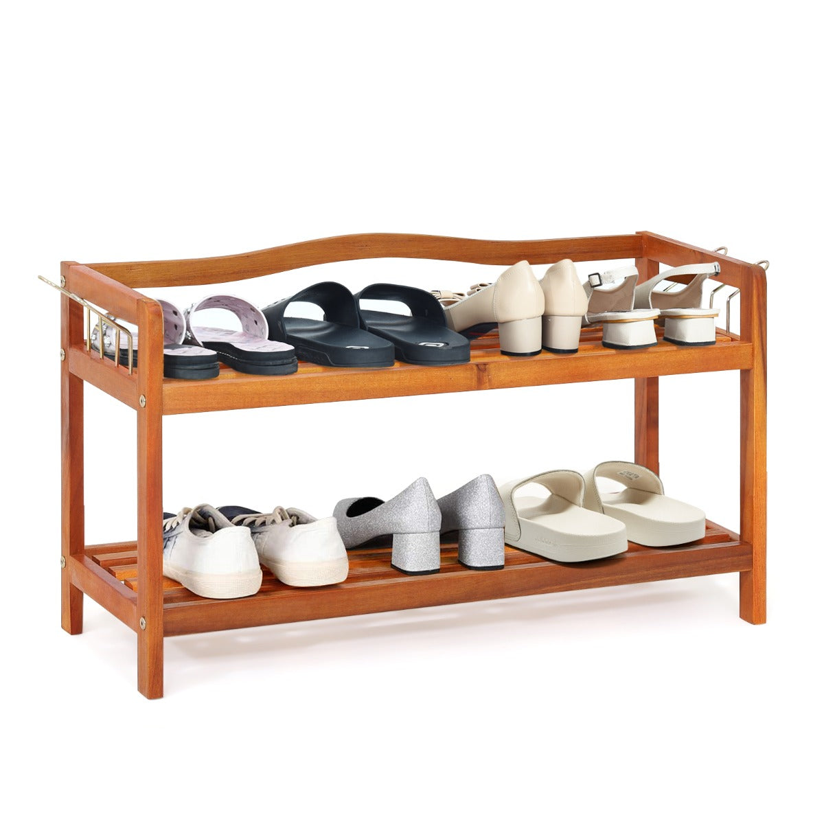 LIVSK Schoenenrek van Acaciahout - 2 Niveaus - Ruimte voor 8-12 Paar - Inclusief Zijhaken - 74 x 26 x 42 cm - Roodbruin