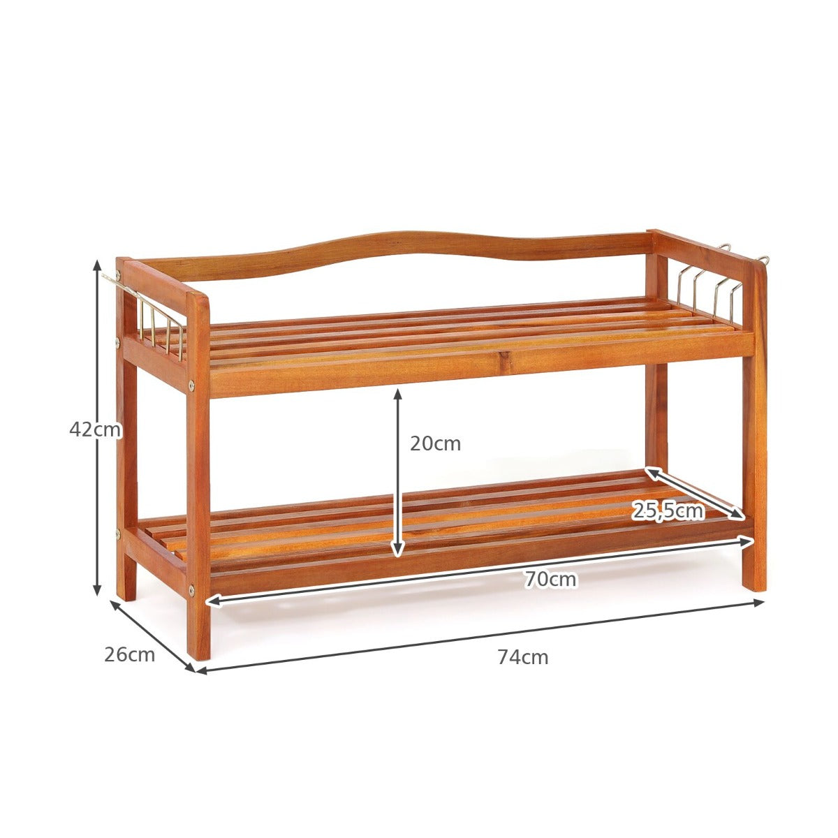 LIVSK Schoenenrek van Acaciahout - 2 Niveaus - Ruimte voor 8-12 Paar - Inclusief Zijhaken - 74 x 26 x 42 cm - Roodbruin
