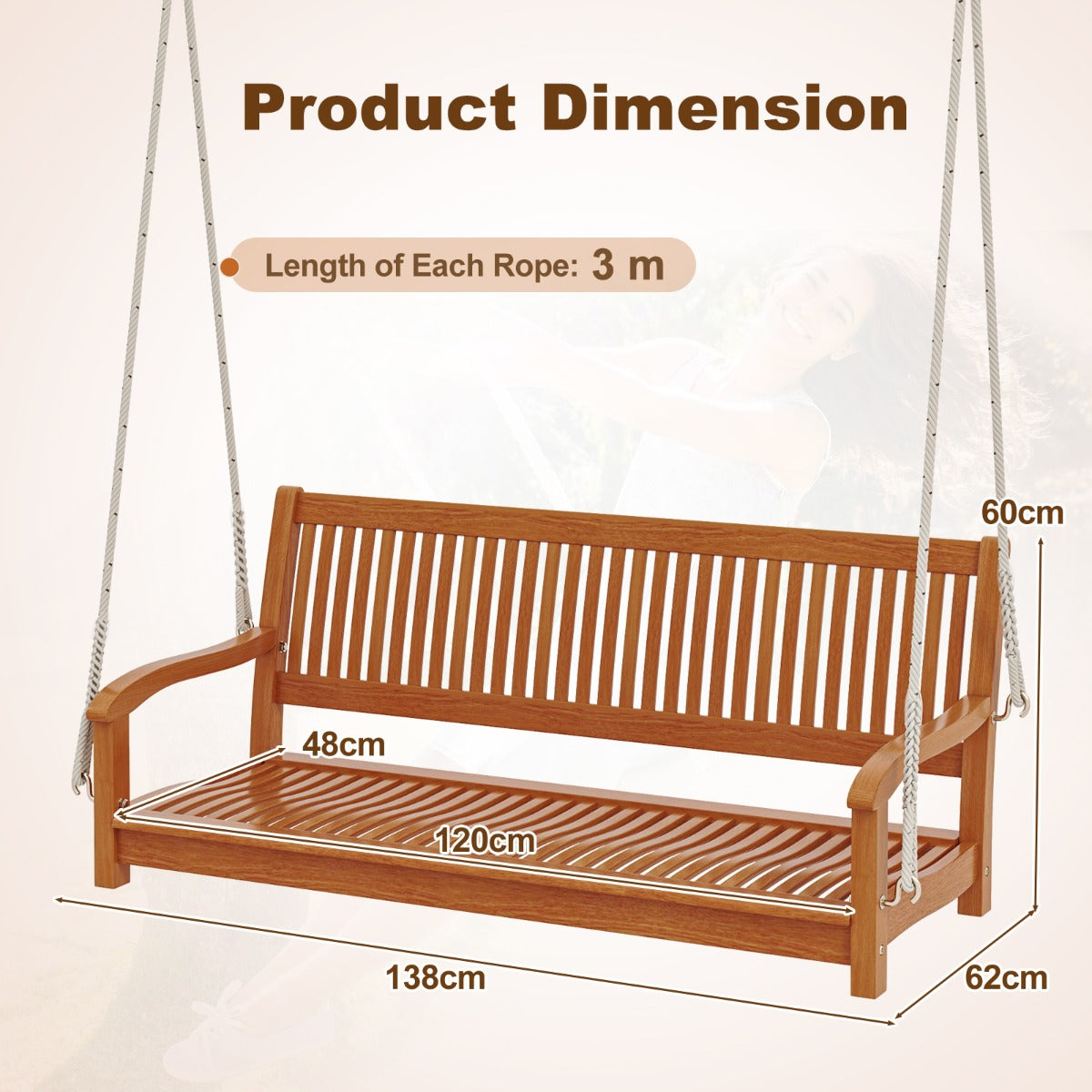 LIVSK Houten Schommelbank - Voor 2 Personen - Ergonomisch Design - Draagvermogen 360 kg - Eenvoudige Montage - Natuurlijk hout