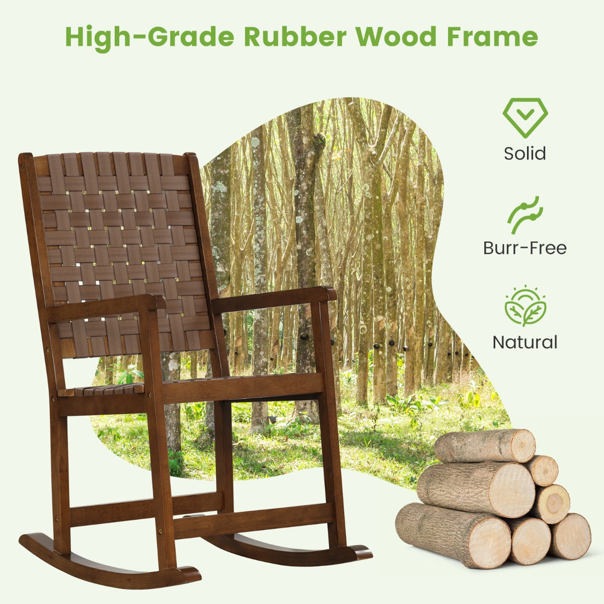 LIVSK Ergonomische Schommelstoel - PU-leer Zitting - Rubberhout Frame - Veilig en Comfortabel - Voor Binnen en Buiten - Bruin