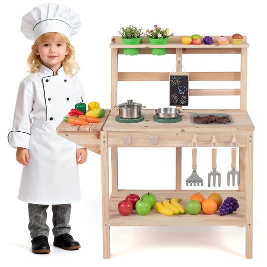 Livsk costway houten speelgoedkeukenset voor kinderen met fornuis gootsteen knoppen en krijtbord