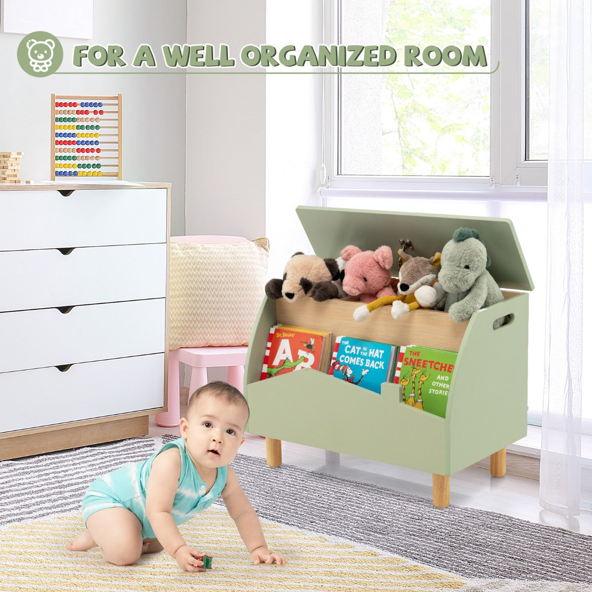 LIVSK Speelgoedkist met Open Displayplank - Veiligheidsscharnier - Waterdicht MDF - Kindvriendelijk Design - 60 x 33 x 44 cm -