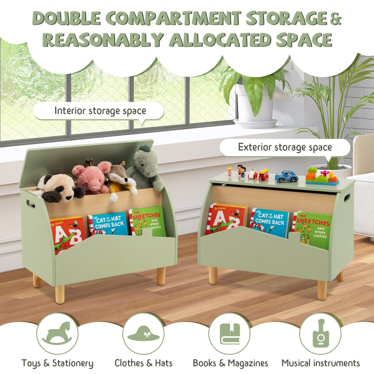 LIVSK Speelgoedkist met Open Displayplank - Veiligheidsscharnier - Waterdicht MDF - Kindvriendelijk Design - 60 x 33 x 44 cm -