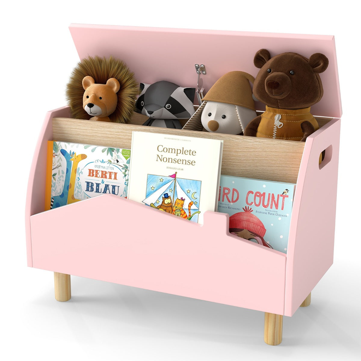Livsk costway houten speelgoedkist met plank speelgoedkist met scharnierend deksel 60 x 30 x 44 cm roze