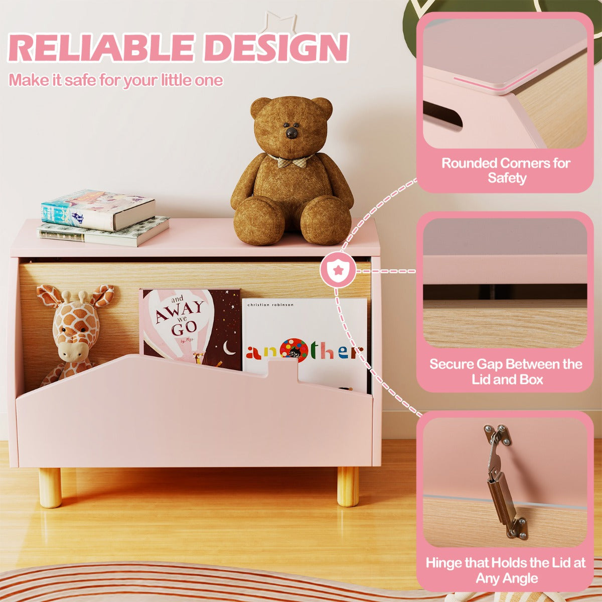 Livsk costway houten speelgoedkist met plank speelgoedkist met scharnierend deksel 60 x 30 x 44 cm roze 4
