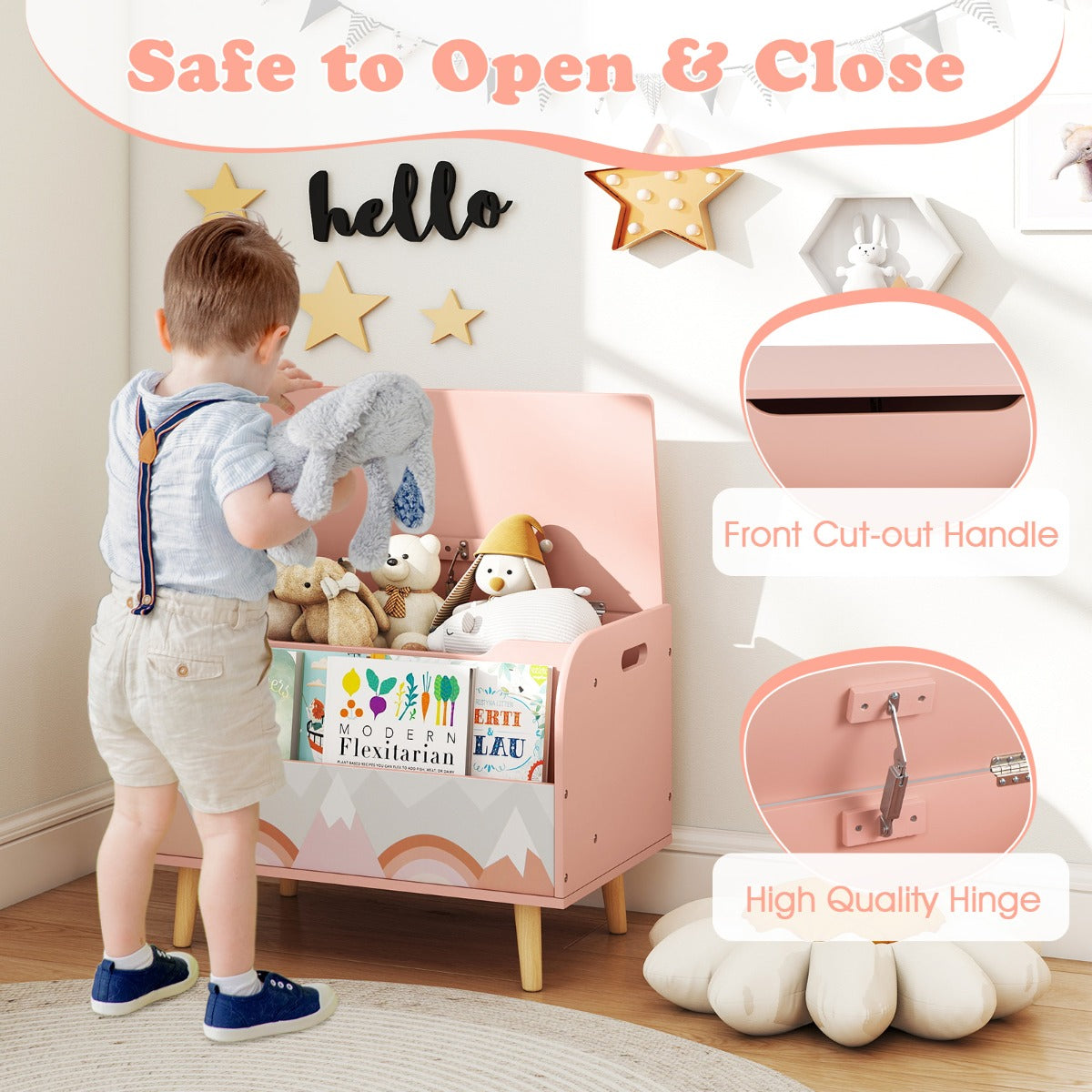 Livsk costway houten speelgoedkist voor kinderen met massief houten bodem scharnierend deksel en handvat met houtsnijwerk roze