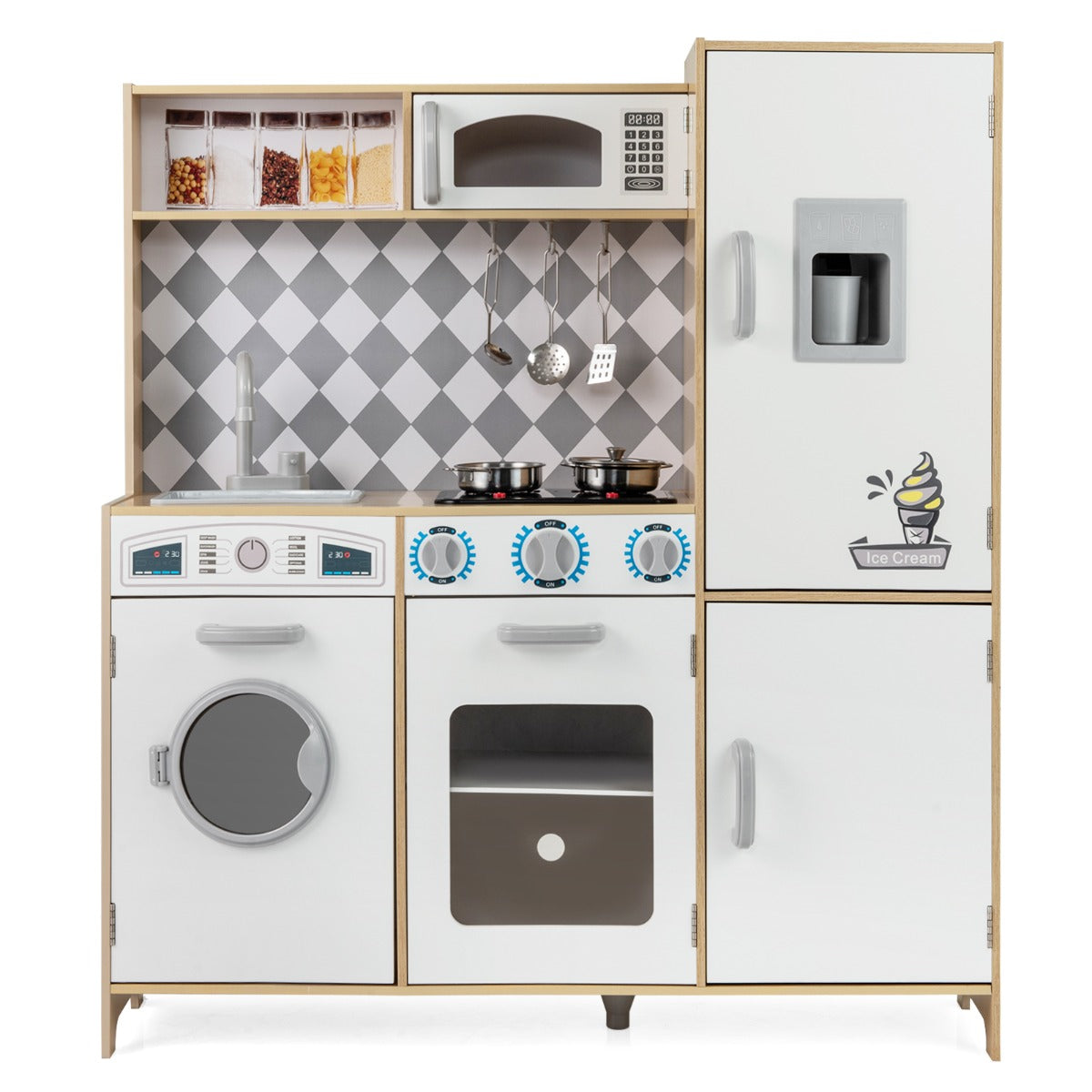 Livsk costway houten speelkeuken keukenspeelset met ijsmachine fornuis wasmachine oven magnetron keukengerei 1 1