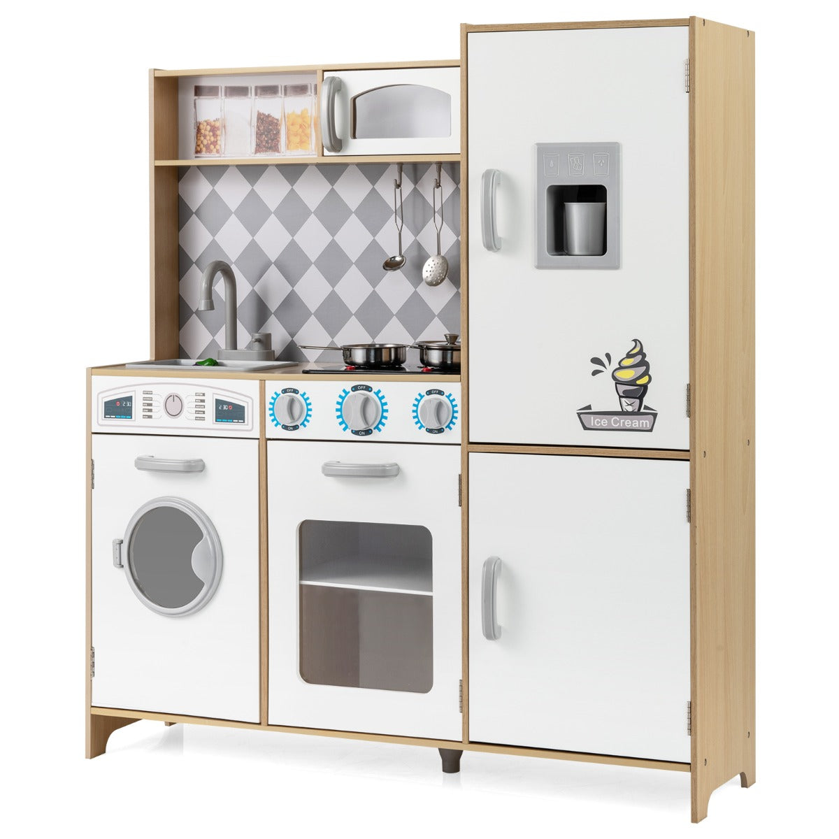 Livsk costway houten speelkeuken keukenspeelset met ijsmachine fornuis wasmachine oven magnetron keukengerei