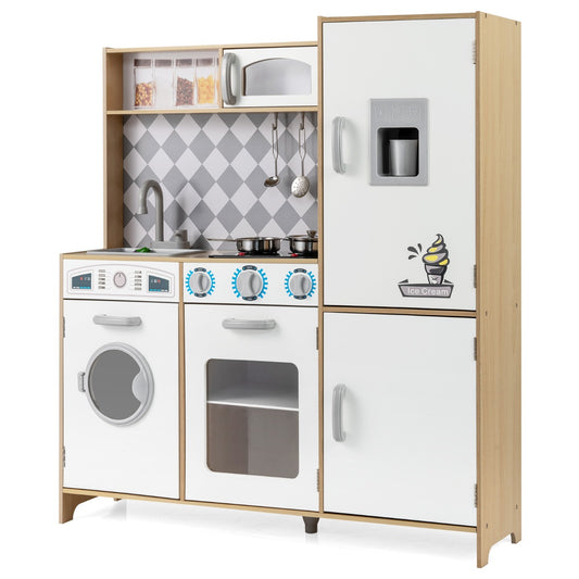Livsk costway houten speelkeuken keukenspeelset met ijsmachine fornuis wasmachine oven magnetron keukengerei