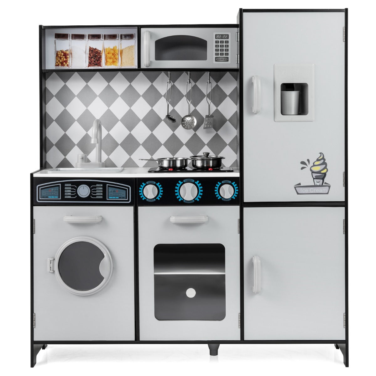 Livsk costway houten speelkeuken keukenspeelset met ijsmachine fornuis wasmachine oven magnetron keukengerei grijs 1 1